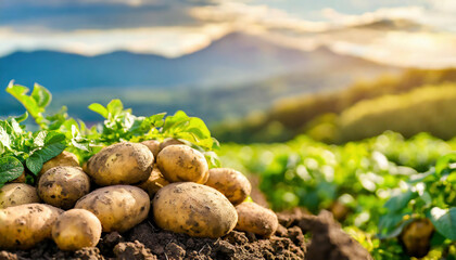 Freshly dug potatoes on the field in the countryside against mountain at sunset - obrazy, fototapety, plakaty