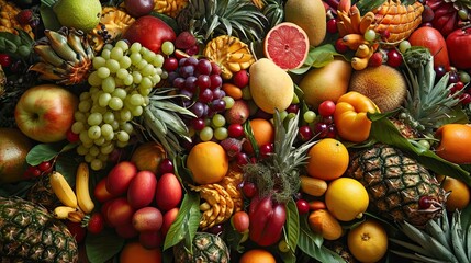 Table of fruits and berries icon. Mango, banana, pineapple, watermelon, nectorine, avocado, bell pepper, grapes, apple, strawberry. Generated by AI
