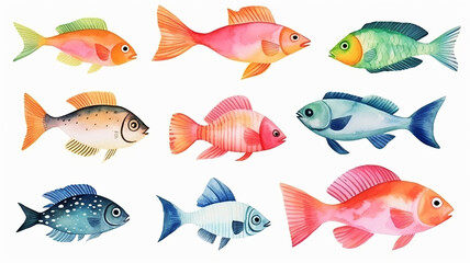Fototapeta premium sea fish, collection, set, watercolor illustration isolated on a white background multicolored sea fish