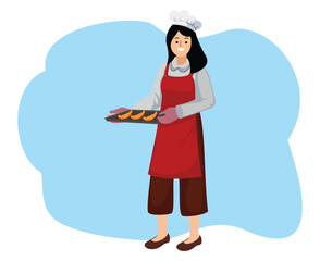 illustration woman chef showcase pastry product