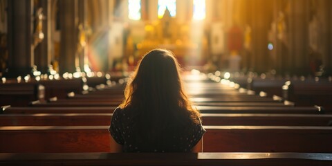 Alone in the church, a woman sits quietly - obrazy, fototapety, plakaty