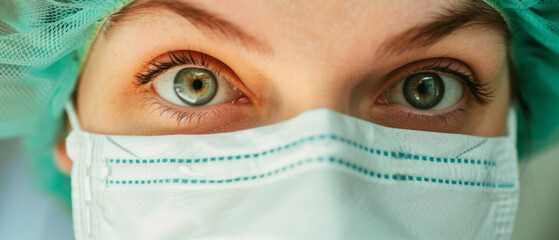 Close-up of determined eyes of a healthcare worker in surgical mask and cap, focused intent.