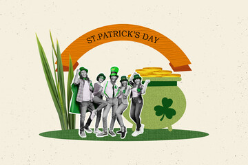 Banner collage picture of positive glad people together celebrate cool party st patricks day isolated on painted background