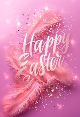 Happy Easter - calligraphy lettering on pink background with Easter eggs and feathers