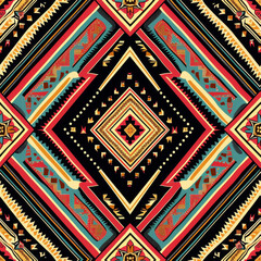 Ethnic ikat seamless pattern geometric abstract designs with traditional motifs.