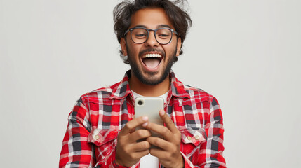Smiling Indian man showing gestures of approval and satisfaction, concept of happiness, excitement when receiving lottery prize or joyful events communicated mobile phone. Generative Ai Illustration. - obrazy, fototapety, plakaty