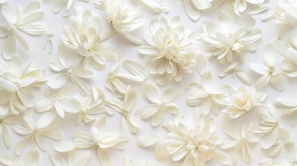 White scattered daisy petals on simple white background aesthetic flat lay top view.