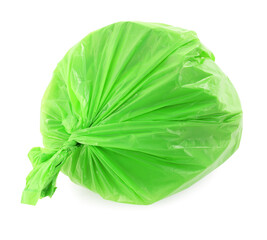 Green plastic garbage bag isolated on white, top view