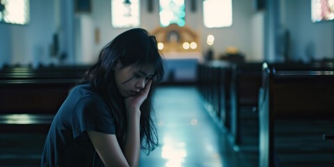 A woman contemplates alone inside the church