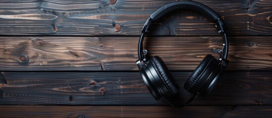 Black headphones on rustic wooden table background. AI generated image