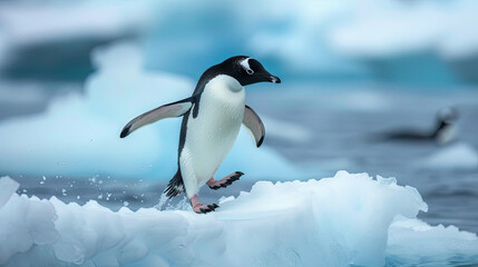 Fototapeta premium A penguin dives into the water from a frosty ledge.