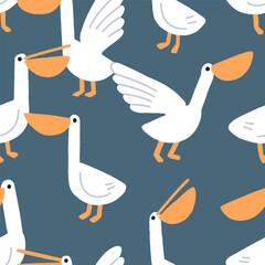 Pelicans, seamless pattern design. Cute exotic tropical winged birds, repeating print. Endless fauna background, texture for textile, fabric, wrapping, wallpaper. Kids flat vector illustration