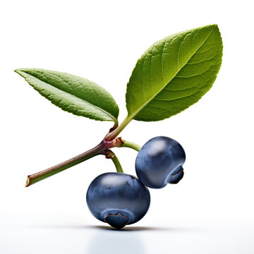 Fresh blueberries on a twig with green leaves. Juicy shades and colors, shine and detail of berries, photo on white background with copyright.
