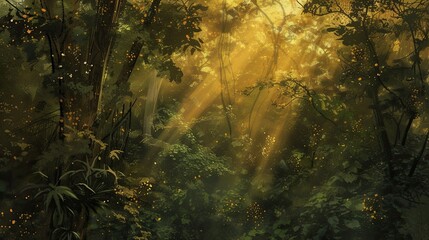 Abstract forest in sun rays icon. Warm, silence, forest, bushes, sunlight, grove, beams, trees, nature, sunlight, sunny, landscape, lush, taiga, leaves, animals.. Generated by AI