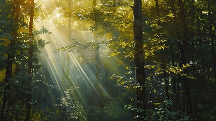 Abstract forest in sun rays icon. Forest, sunbeam, enchanting, radiant, sunlight, beams, woodland, nature, landscape. Generated by AI