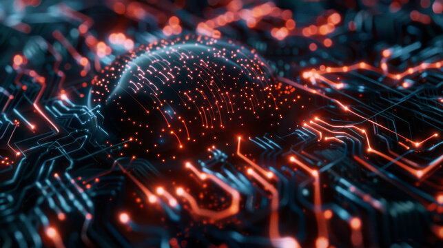 Close-up of Artificial Intelligence and Quantum Computing entwined with Blockchain, all augmented by dark Reality