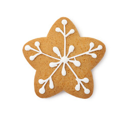 Tasty star shaped Christmas cookie with icing isolated on white, top view