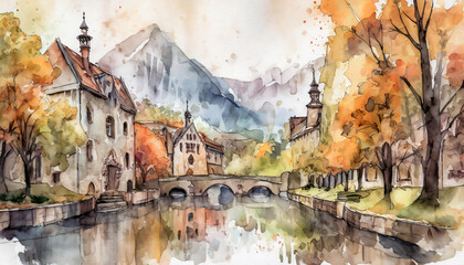 hand drawn watercolor painting of a medieval european village by the river. Houses, bridge, church and mountain around the village with autumn colors - obrazy, fototapety, plakaty