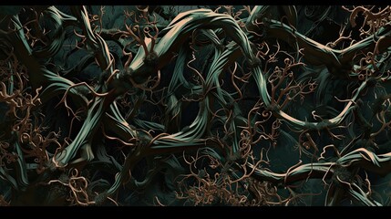 Abstract twisted vines and thorns entangled in darkness. Sinister, eerie, tangled, creepy, wild, overgrown, shadowy, vegetation, mysterious, tangled, menacing. Generated by AI. - obrazy, fototapety, plakaty