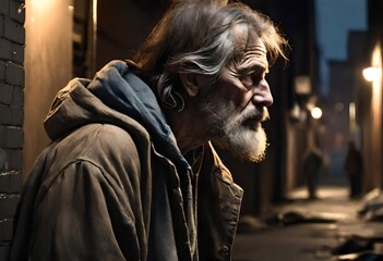 Fototapeta na wymiar a sad caucasian homeless senior man in a dark city alley at night