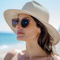 Fototapeta premium Beachside Chic: Close-Up of a Woman's Sunhat and Sunglasses on a Sunny Beach Day, Embodying Summer Elegance and Leisure