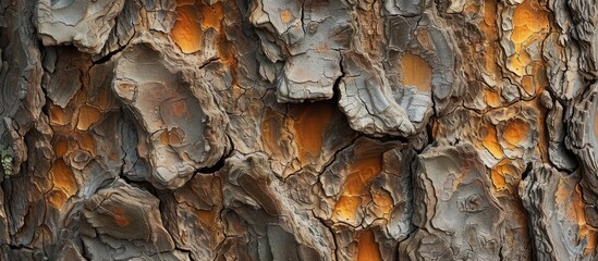 A captivating close-up photo of a tree trunk showcasing the intriguing patterns and orange lichen...
