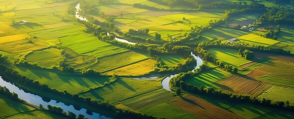 Serpentine River Amidst Verdant Fields