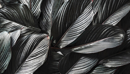 Textures of abstract black leaves for tropical leaf background. Flat lay, dark nature concep