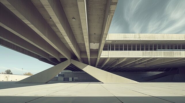 Brutalist sports arena with massive concrete roof. Architectural , modernist design, sporting venue, imposing structure, urban landscape, brutalism, industrial, monumental.. Generated by AI.