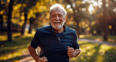 The senior man is happily running in the park