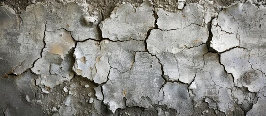 This close-up photo showcases a cracked concrete texture with peeling paint, creating an alluring interplay of texture and pattern.