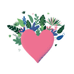 Abstract heart with the jungle around. Vector illustration for postcard, cover, t shirt.