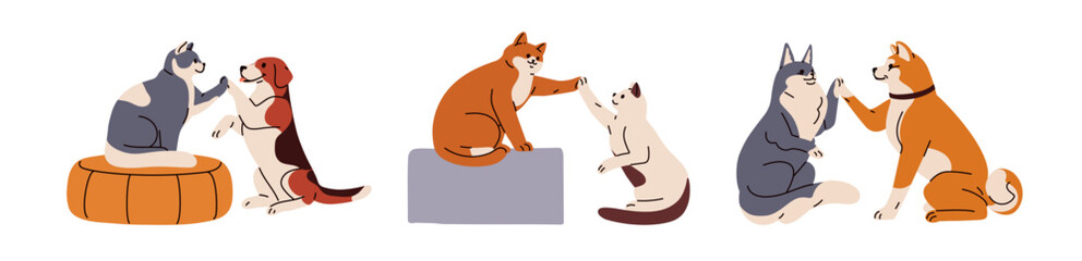 Cute dogs and cats giving high five with paws. Funny pets friends greeting with clap gesture, saying hi. Happy canine and feline animals. Flat graphic vector illustration isolated on white background - 746369241