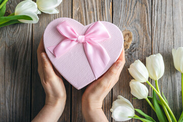 Gift box in the shape of a heart in a female hands on a wooden background.
