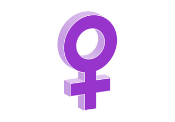 Símbolo de mujer en 3D en morado y violeta sobre fondo blanco. Icono del género femenino