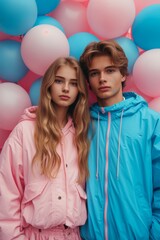 A young couple on a background of pink and blue balloons. Gender party
