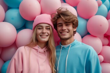 A young couple on a background of pink and blue balloons. Gender party