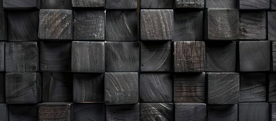 Close up black wooden cubes texture abstract background. AI generated image