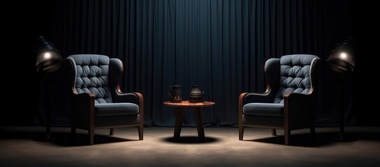 Sophisticated Blue Armchairs in Dimly Lit Lounge