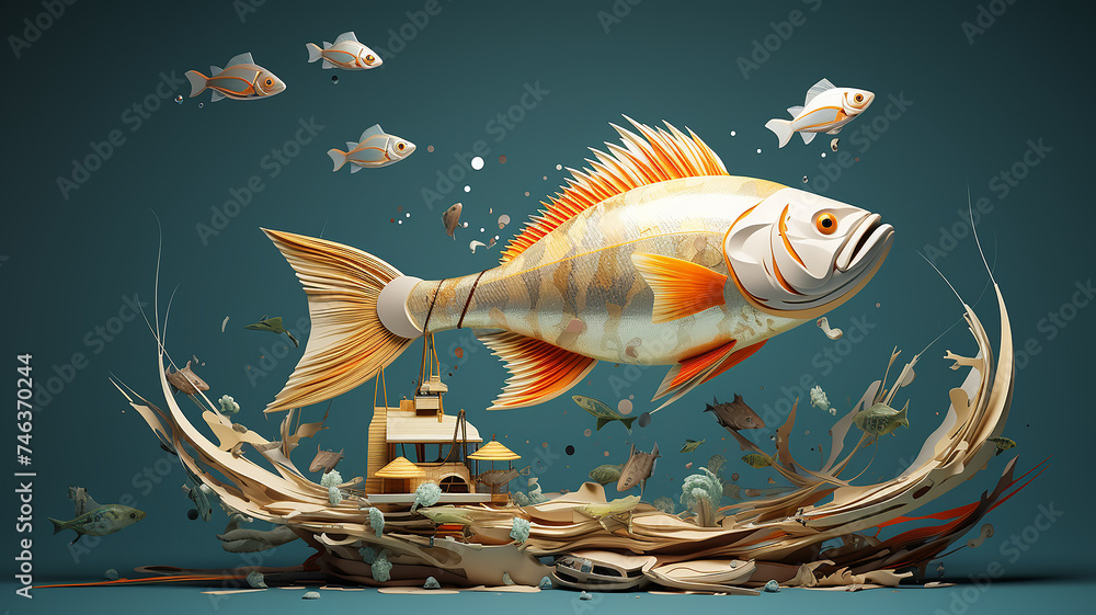 Wall mural modern computer graphics three-dimensional art of fish on the seabed, abstract fictional object