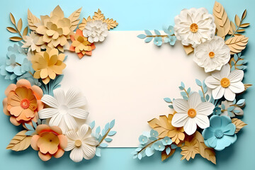 Naklejka na ściany i meble Framework for photo or congratulation with paper blossom and flowers. Woman's day, 8 march, Easter, Mother's day, anniversary greeting card