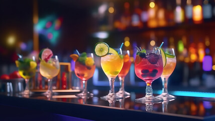 cocktails on the bar counter against the background of a restaurant and a nightclub