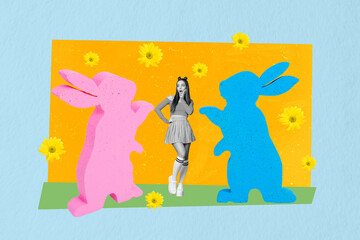 Composite 3d photo artwork collage of young surprised hipster girl two big bunnies rabbit figure scenery spring flowers isolated on blue color background