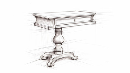 pencil sketch desk layout isolated on white background, furniture object design