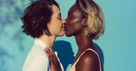 Studio portrait of interracial lesbian couple kissing, blue background with dappled sunlight - obrazy, fototapety, plakaty