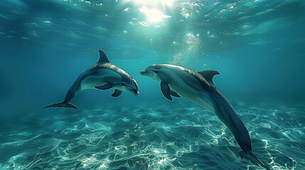 Obraz premium Sun illuminates ocean depths, mystical marine life, vibrant blues, dolphins forming Pisces.generative ai