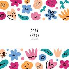 Floral composition, square template with copy space, greeting card for womens day, vector arrangement with roses, daisies, hearts, gift for mothers day, minimalistic floral design