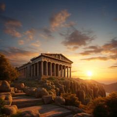Obraz premium panorama of an ancient Greek rock temple, where twilight casts its enchanting glow upon the Doric column ruins, evoking a sense of timeless majesty.