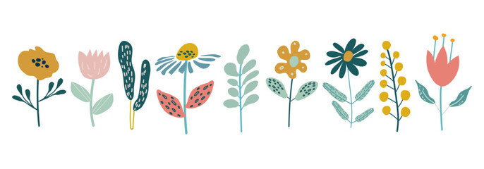 Garden floral plants set. Set of vector illustrations of flowers in doodle style on a white background. Flat vector illustration.