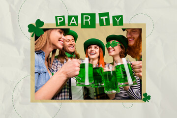 Collage photo picture of smiling cheerful company gathering together to celebrate saint patrick day...